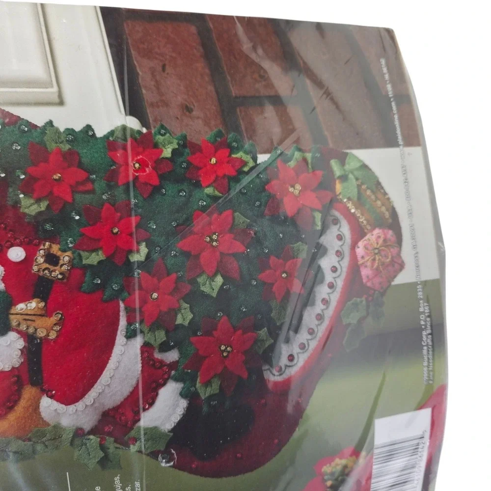 Bucilla Santa Poinsettia Tree Felt Stocking Kit 18 Inch Xmas Beads Sequins New